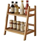yeesport 2-stöckiges Küchenregal aus Holz, Gewürzregal in Rattanoptik, Gewürzregal, Küchenregal für die Arbeitsplatte, Kaffeebarregal, Teeregal fürs Büro, 28,5 x 17,5 x 27 cm
