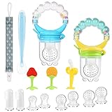 Vicloon Fruchtsauger Baby,15StückFruchtsauger Set mit Schnullerkette,6 Silikon Sauger Ersatz,5 Beißring Spielzeug,Babylöffel,BPA-freie fruchtsauger schnuller für Obst, Gemüse und Beikost-BlauGrün