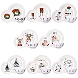 SiliFine Melamin-Geschirr-Set für 8 Gäste, 25,4 cm Speiseteller, 20,3 cm Salatteller, 7,6 x 15,2 cm Schüssel, Weihnachtsmann, Schneemann, Rentier, Weihnachtsbaum, festliches Urlaubsgeschirr für