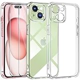 ivoler 3 in 1 Hülle Kompatibel für iPhone 15 6.1 Zoll, 1 Handyhülle mit 2 Stück Panzer Schutz Glas, [Nie Vergilbung] [Kameraschutz] Dünn Transparent Stoßfest Schutzhülle Kratzfest Case