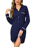 Bresdk Nachthemd Damen Langarm Baumwolle mit Knopfleiste Schlafshirt Stillnachthemd Nachtwäsche Stillen Umstandsmode Geburtskleid Krankenhaus, dunkelblau, L