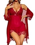 RSLOVE Sexy Dessous für Damen Spitzen-Babydoll mit Morgenmantel Nachtkleid Nachtwäsche Weinrot S