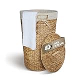 Casa Mina® Wäschekorb mit Deckel D35 x H55cm hoch I Atmungsaktiver Wäschekorb geflochten aus 100% Naturfaser I Robuster Wäschesammler mit Griffen & waschbarem Innensack I Wäschekörbe - Lombok