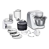 Bosch Küchenmaschine Serie 4, Edelstahl-Schüssel 3,9 L, Knethaken, Schlag- und Rührbesen Edelstahl spülmaschinenfest, Mixer 1,25 L, Durchlaufschnitzler, 3 Scheiben, 1000 W, Weiß, MUM58W20