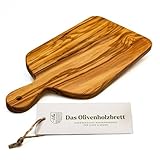 das Olivenholzbrett® Schneidebrettchen mit Griff/Kräuterschneidebrettchen mit Griff/Knoblauchschneidebrettchen/rechteckig/mit abgerundeten Ecken / 25cm incl. Griff