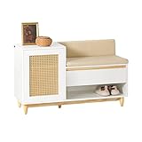 SoBuy FSR128-W Schuhbank mit Gitteroptik Sitzbank mit Stauraum Dielenbank Schuhtruhe Sitzkommode für Kinder Schuhregal schmal Weiß-Natur BHT ca.: 100x60x35cm