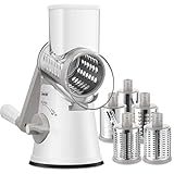 Geedel Käsereibe mit Kurbel, Gemüsehobel mit 5 Edelstahl Austauschbaren Trommelklingen, Starkem Saugfuß, Schnelles Schneiden, Gemüseschneider für Käse Karotten Kartoffel Nüsse usw. Weiß