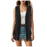 YueYue Fransenweste Damen Ärmellose Damenweste Lederweste Faux Wildleder Fransen Weste Jacke 70er Jahre Hippie Kostüm Boho Western Jacke Mantel Y2K Streetwear Cowboy Weste Damen (M)