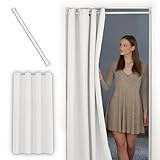tinycurtains, Türvorhang mit Teleskopstange, einfache Montage in nur 1 Minute ohne Bohren (Türgardine weiß H195 x B150 cm + Stange weiß B55-90 cm)