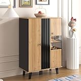 Sweiko Sideboard,Kommode Vitrinen mit LED-Licht und Glas,Holz und Schwarz Wohnzimmerschrank Buffetschrank mit Schwarzes Holzstreifendesign,Aufbewahrungsschrank für Esszimmer (Schwarz und Holzfarben)
