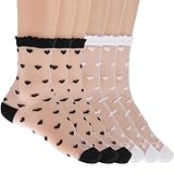 LEOEASIY 6 Paar Rüschen Socken Damen Söckchen Durchsichtige Socken Dünne Feinstrümpfe Durchsichtige Sommer Knöchel Rüschen Trachtensocken Universalgröße Socken für Damen und Mädchen (Schwarz + Weiß)