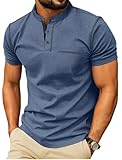 PrinStory Henley Shirt Herren Kurzarm Baumwoll T-Shirts Sommer Casual Tshirt Bequem Atmungsaktiv Oberteile Mit Brusttaschen (Vg Blau, L)