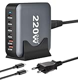 220W USB C Ladegerät Mehrfach, 6-Port GaN III Schnellladegerät USB C, USB Ladestation, PD+QC Netzteil für iPhone, Samsung, iPad, MacBook Pro, Dell Laptop und mehr mit 1,5m 100W USB C Kabel