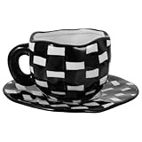 CIYODO Handbemaltes Vintage Keramik Tassen und Untertassen Satz Karierter Schwarz Weiß Kaffeebecher mit Unregelmäßiger Form Haushaltsüblicher Milch und Teebecher