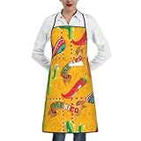 Schürze mit Kaktus-Hut und Chili-Pfeffer-Druck, Schürze mit Taschen, verstellbare Latzschürze, Kochschürze, Grillschürze, Weiß, Einheitsgröße, Weiß, EinheitsgröÃŸe