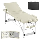 AufuN Mobile Massageliege 3 Zonen, Klappbar Massagetisch, Höhenverstellbare Aluminium Massagebett, Massagetisch Kosmetikliege Breit tragbar inkl. Zubehör, Kopfstütze, Armlehne, Tragetasche, Beige