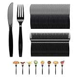 100 Stück Plastikbesteck, Plastik Besteck, Plastikbesteck Schwarz, Wiederverwendbar Set für Pizza, Dessert, 50 Plastikmesser & 50 Gabeln Plastikbesteck für Familienfeiern Outdoor Dinner, Schwarz
