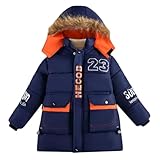 linboo Warme Winterjacke Jungen Parka Fleece Mäntel mit Fellkapuze Kinder Wintermantel Baumwolle Jacke Gefütterte Winddichtes Winterparka, Marineblau, 134-140(Herstellergröße: 140)