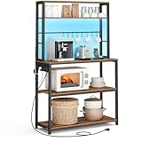 VASAGLE Küchenregal mit LED-Beleuchtung, Standregal mit Steckdosen, Mikrowellen-Regal mit verstellbaren Ablagen, 8 Haken, 40 x 80 x 168,4 cm, vintagebraun-Mattschwarz KKS050KD01