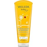 WELEDA Bio Calendula Baby Waschlotion & Shampoo - veganes Naturkosmetik Duschgel zur Hautpflege / Haarpflege bei Neugeborenen. Babypflege Dusche für empfindliche Haut, mild zu den Augen (1x 200ml)