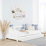 Homestyle4u Ausziehbett 90x200 mit Schublade 2 Matratzen Lattenrost Kinderbett Tagesbett ausziehbar Kojenbett Gästebett Weiß Kiefer massiv Holz