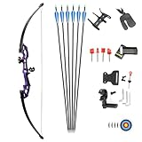FQH 50' Bogenschießen Abnehmbarer Recurve Pfeil & Bogen Set 30-50 lbs Jagd-Langbogen für Erwachsene und Anfänger für die Outdoor-Jagd Ziel Pfeil Schießwettbewerb (Bogen-Set(Lila), 40 LBS)