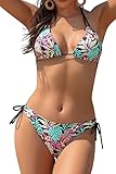 SHEKINI Damen Triangel-Bikini-Set, Neckholder, sexy Badeanzug, niedrige Taille, zweiteiliger Badeanzug, Schwarze Blätter, XS