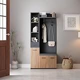 SogesHome ​Kompaktgarderobe 7-in-1 Mit Schuhbank & 2 Schränken, Garderobenständer Mit Haken Und Ablagen, Flurschrank Schwarz Holzoptik, 80x35x175 cm​