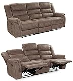 Dreisitzer Sofa, Taschenfederkernpolsterung, Wellenfedern, 212 cm breit, 3er Couch verstellbar dr. praktische halbautomatische Relaxfunktion, Bezug Mikrofaser Vintage Grau Braun / 15134