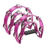 Flexzion Tamburin, Handtrommel - 2er-Pack, 25cm Schellenkranz mit Handgriff, Musik Schlaginstrument, zweireihig Schellenring in Halbmond-Form Rahmen, mit 20 Paar Metall Schellen, Rosa