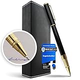 Komfort Kugelschreiber hochwertig aus Metall, Tintenroller edel, Schreibset Edelstahl, Rollerball Roller Pen, Metallkugelschreiber ideal als Geschenk inkl. 2 Ersatzminen (Gold)