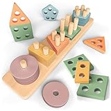 Sweety Fox Montessori Spielzeug ab 1 Jahr - Holz Sortier & Stapelspielzeug, 1 2 3 Jahre -Aktivitäts & Entwicklungsspielzeug aus Holz in Pastellfarben – Montessori - Lernspielzeug für Kleinkinder