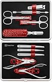 ZWILLING Maniküre-Set (10 teilig, Komplettset für Finger- und Fußnägel, Echtleder Etui mit Metallrahmen), Edelstahl Poliert, Kroko Edition, Rot