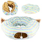 Cat Donut -Tunnel 31,5 -Zoll -Dia -Streifen -Plüsch -Katzen -Tunnel mit zentraler Matte und baumelnder Kugeln falten Katzentunnel Bett atmungsaktiven geräumigen Katzenring -Tunnel Haustierwaren