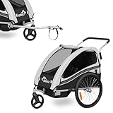 SAMAX Fahrradanhänger Jogger 2in1 360° drehbar Kinderanhänger Kinderfahrradanhänger Transportwagen vollgefederte Hinterachse für 2 Kinder in Grau - Black Edition