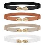 WERFORU 4er Pack Damen Dünne Elastische Gürtel Mode Blattlegierung Schnalle Dehnbar Dünner Taillengürtel für Kleider Schwarz/Weiß/Braun/Beige