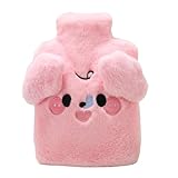 Wärmflasche mit Bezug 2L Auslaufsicher Große Einfüllöffnung Weicher abnehmbarer Hundebezug waschbar PVC Innen 12h Wärme Für Kinder Erwachsene (Pink)