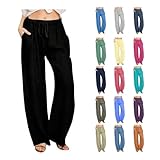 EMATOP Leinenhose Damen Sommer Lange Hose Baumwolle Musselin Hosen Casual Lose Stoffhose Einfarbig Elegant Strandhose Leicht Bequem Sommerhose Weite Beine Caprihose mit Taschen Freizeithose