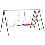 AIYAPLAY Kinderschaukel-Set 6 in 1 Schaukelgerüst aus Stahl mit Gurtschaukel, Nestschaukel, Seilscheibenschaukel, Kletternetz, Kletterleiter und Basketballkorb für Kinder 3-8 Jahre