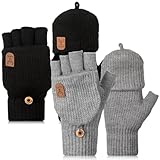 Neer 2 Paar Damen Fingerlos Handschuhe mit Kappe Strick Halbfinger Fäustlinge Warm Winterhandschuhe (Klassisch Schwarz und Grau)