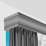 Graue Wand, 2,2 m, individuelle Länge, Metall-Vorhangschienensystem mit 3-in-1-Vorhang-Querbehang und dekorativem Volant, Grau