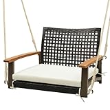 COSTWAY Rattan Hängesessel bis 180kg belastbar, Hängesitz mit Kissen & Holzarmlehne & Hängeseilen, Hängestuhl Terrassenschaukel für Veranda und Hinterhof