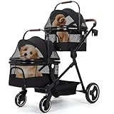 Hundewagen Klappbar Faltbar Hundebuggy Mit 2 Hundeboxen, Transporttasche Bis Zu 22 Kg für Haustiere Buggy Mit Netzfenstern, Regenschutzabdeckung Und Korb für Aufbewahrung
