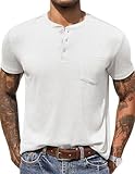 COOFANDY T-Shirts für Herren Henley Sommer T Shirt mit Tasche Einfarbig Herren-T-Shirt Knopfleiste Henley Shirt Kurzarm Lässiges Männer Basic Tee Weiß M