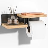 HOMIKLSA Toilettenpapierhalter Mit Ablage,Toilettenpapierhalter Eiche, Küchenrollenhalter Holz Ohne Bohren-Edelstahl & Bambus-Klorollenhalter für Küche und Badzimmer