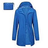 33,000ft Damen Wasserdichte Faltbar Regenmantel Regenjacke mit Kapuze, Leicht Atmungsaktive Windbreaker Lange Jacke für Frauen Übergangsjacke Fahrrad Sport Outdoorjacke Mondschein Blau L
