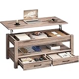 Rolanstar Couchtisch Höhenverstellbar, Couchtisch mit 2 Schublade, Hubplatte, Wohnzimmertisch mit Verstecktes Ablagefach, für Wohnzimmer
