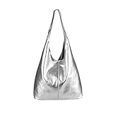 OBC Made IN Italy Damen Leder Hand-Tasche METALLIC Shopper Schultertasche Hobo-Bag Henkeltasche Beuteltasche Silber