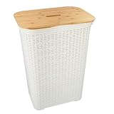 HRB Wäschekorb mit Deckel aus Bambus Rattan 65 Liter, Wäscheaufbewahrung aus Kunststoff, Wäsche Sortierer (Weiß-Bambus)