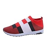 Woaikeyu Flache Slip-On-Sneaker für Damen, Farbblock, Laufschuhe, atmungsaktiv, lässig, Sportschuhe, modisch, Fitness, Sneakers, rot, 41 EU